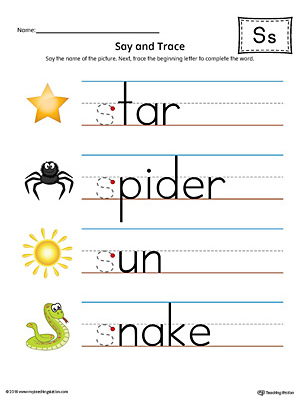 Practice saying and tracing words that begin with the letter S sound in this printable worksheet.