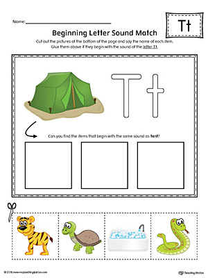 Practice matching pictures that begin with the letter T sound with the correct letter shape in this printable worksheet.