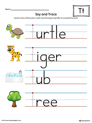 Say and Trace: Letter T Beginning Sound Words Worksheet (Color)