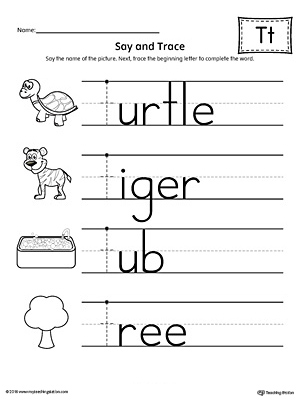 Say and Trace: Letter T Beginning Sound Words Worksheet