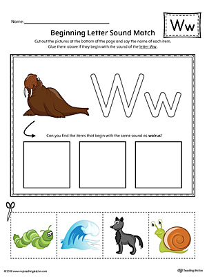 Practice matching pictures that begin with the letter W sound with the correct letter shape in this printable worksheet.