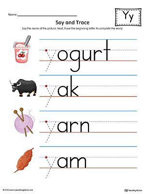 Practice saying and tracing words that begin with the letter Y sound in this printable worksheet.