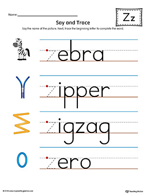 Practice saying and tracing words that begin with the letter Z sound in this printable worksheet.