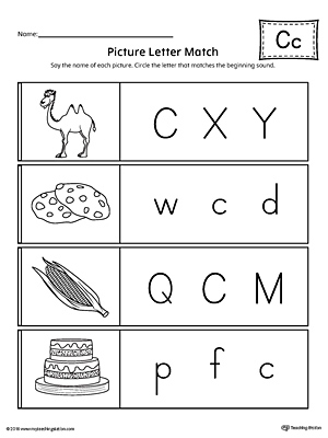 Use the Picture Letter Match: Letter C printable worksheet to practice recognizing the beginning sound of the letter C.