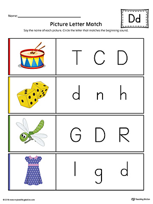 Picture Letter Match: Letter D printable worksheet will help your preschooler practice recognizing the beginning sound of the letter D.