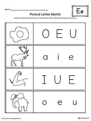 Use the Picture Letter Match: Letter E printable worksheet to practice recognizing the beginning sound of the letter E.