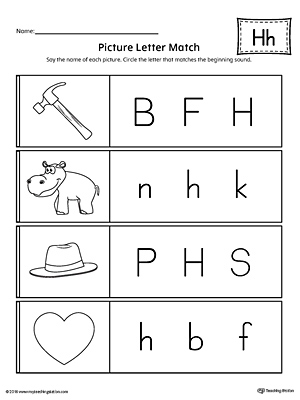 Use the Picture Letter Match: Letter H printable worksheet to practice recognizing the beginning sound of the letter H.