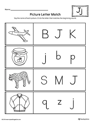 Use the Picture Letter Match: Letter J printable worksheet to practice recognizing the beginning sound of the letter J.