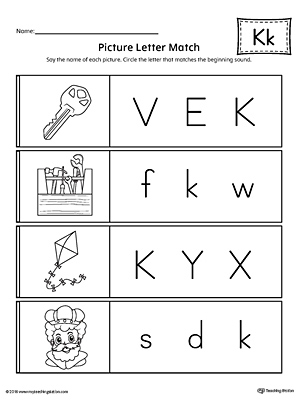 Use the Picture Letter Match: Letter K printable worksheet to practice recognizing the beginning sound of the letter K.