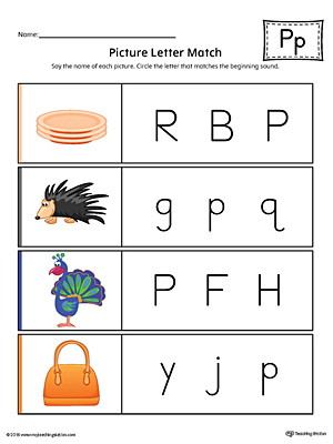 Picture Letter Match: Letter P Worksheet (Color)