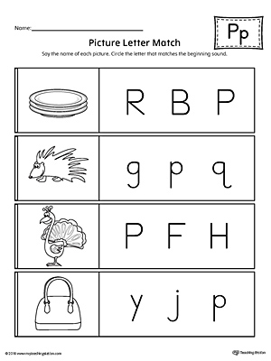 Use the Picture Letter Match: Letter P printable worksheet to practice recognizing the beginning sound of the letter P.