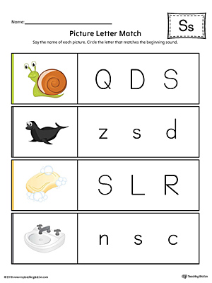 Picture Letter Match: Letter S printable worksheet will help your preschooler practice recognizing the beginning sound of the letter S.