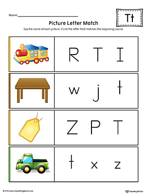 Picture Letter Match: Letter T Worksheet (Color)