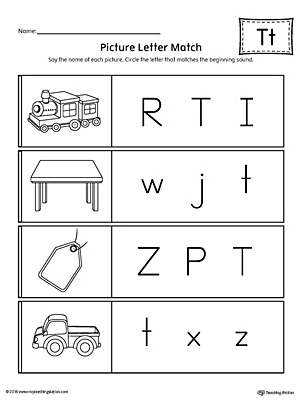 Use the Picture Letter Match: Letter T printable worksheet to practice recognizing the beginning sound of the letter T.