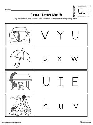 Use the Picture Letter Match: Letter U printable worksheet to practice recognizing the beginning sound of the letter U.
