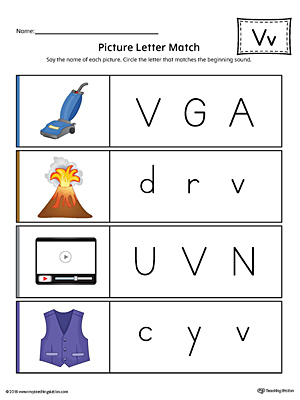 Picture Letter Match: Letter V Worksheet (Color)
