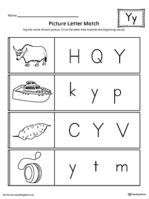 Use the Picture Letter Match: Letter Y printable worksheet to practice recognizing the beginning sound of the letter Y.