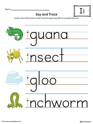 Practice saying and tracing words that begin with the short letter I sound in this printable worksheet.