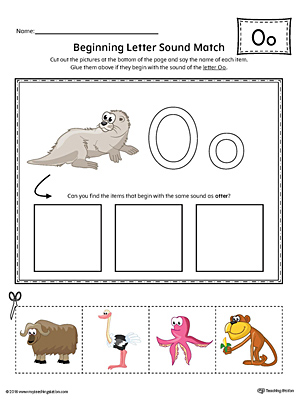 Practice matching pictures that begin with the short letter O sound with the correct letter shape in this printable worksheet.