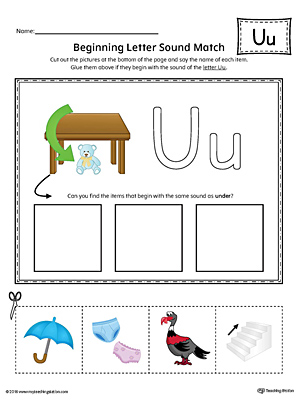 Practice matching pictures that begin with the short letter U sound with the correct letter shape in this printable worksheet.