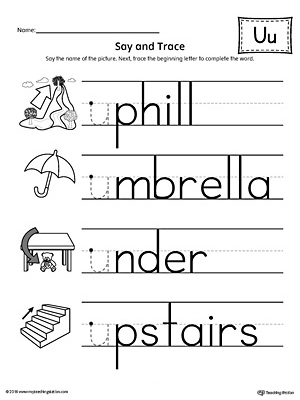 Use the Say and Trace: Short Letter U Beginning Sound Words Worksheet to help your preschooler practice recognizing the beginning sound of the letter U and tracing the letter.