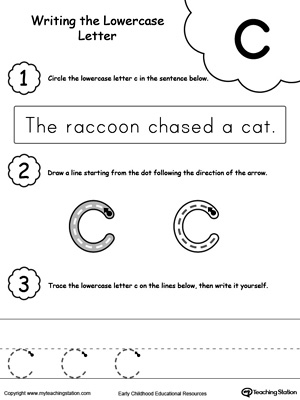 Practice writing alphabet lowercase letter C in this printable worksheet.