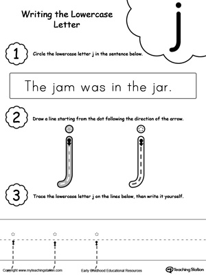 Practice writing alphabet lowercase letter J in this printable worksheet.