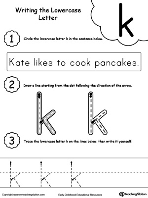 Practice writing alphabet lowercase letter K in this printable worksheet.