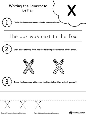 Practice writing alphabet lowercase letter X in this printable worksheet.