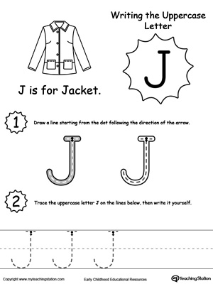 Help your child practice writing the uppercase letter J with this printable worksheet.