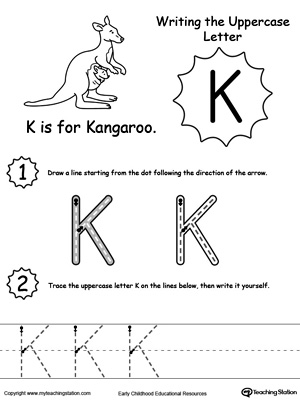 Help your child practice writing the uppercase letter K with this printable worksheet.