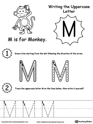 Help your child practice writing the uppercase letter M with this printable worksheet.
