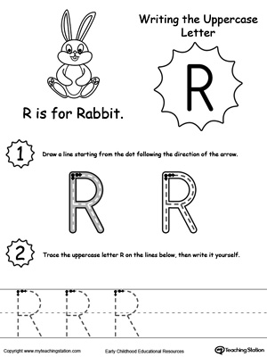 Help your child practice writing the uppercase letter R with this printable worksheet.