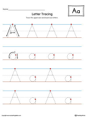Trace the uppercase and lowercase letter A in this printable worksheet with red and blue guiding lines.