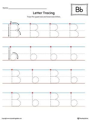Letter B uppercase and lowercase writing practice printable worksheet.