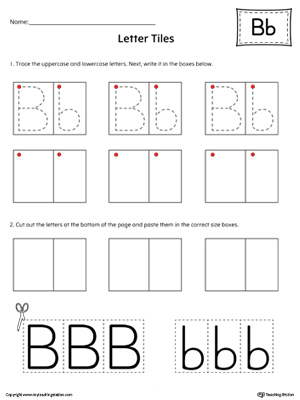 Practice tracing and then writing the uppercase and lowercase letter b with this kindergarten printable worksheet.