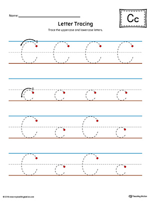 Trace the uppercase and lowercase letter C in this printable worksheet with red and blue guiding lines.