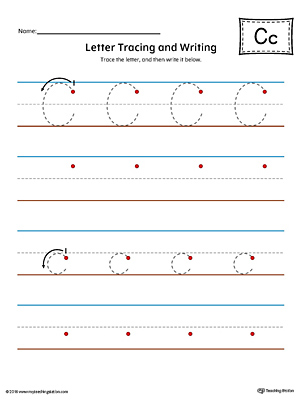 Letter C Tracing and Writing Printable Worksheet (Color)