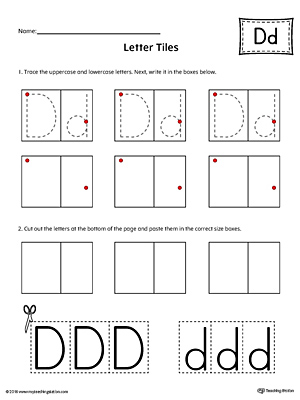 Practice tracing and then writing the uppercase and lowercase letter D with this kindergarten printable worksheet.