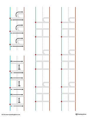 Practice writing the lowercase and uppercase letter H with this printable writing mat.