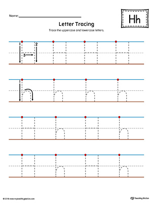 Trace the uppercase and lowercase letter H in this printable worksheet with red and blue guiding lines.