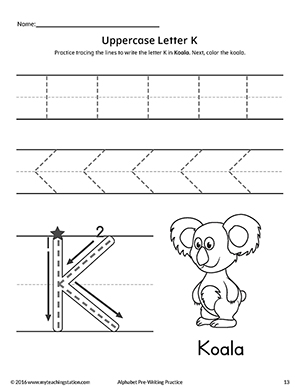 Uppercase Letter K Pre-Writing Practice Worksheet