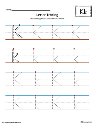 Trace the uppercase and lowercase letter K in this printable worksheet with red and blue guiding lines.