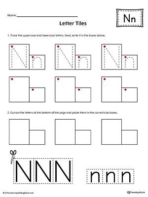 Practice tracing and then writing the uppercase and lowercase letter N with this kindergarten printable worksheet.