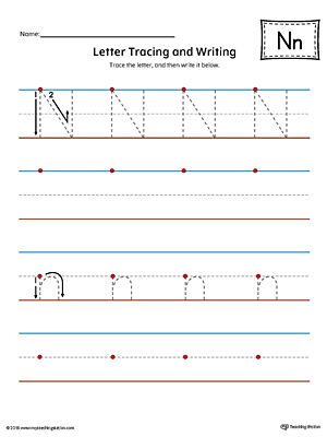 Letter N Tracing and Writing Printable Worksheet (Color)