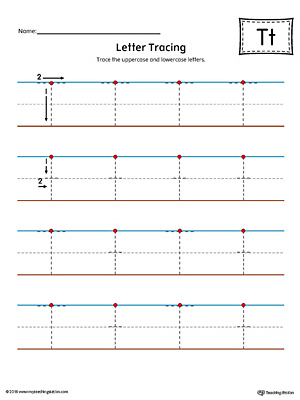 Trace the uppercase and lowercase letter T in this printable worksheet with red and blue guiding lines.