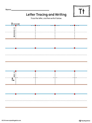 Letter T Tracing and Writing Printable Worksheet (Color)