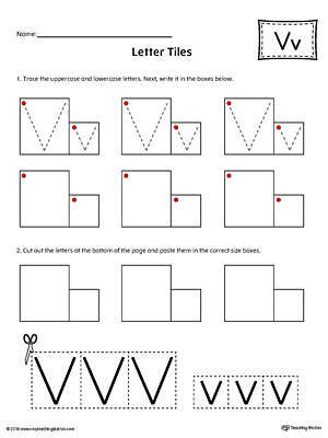 Practice tracing and then writing the uppercase and lowercase letter V with this kindergarten printable worksheet.