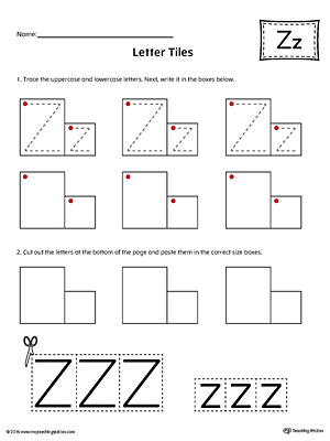 Practice tracing and then writing the uppercase and lowercase letter Z with this kindergarten printable worksheet.