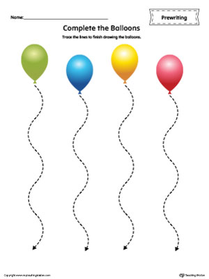 Practice pre-writing with this balloon, curved lines, tracing printable worksheet in color.